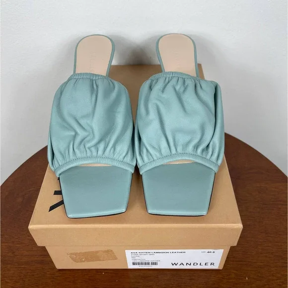 Wandler Ava Kitten Lambskin Leather Heels in Light Blue Size 10.5